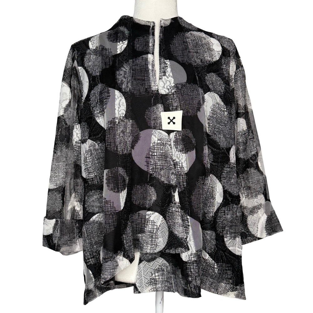 IC By Connie K Jacket Large Black Gauzy Mesh Kimono Geometric Lined Made In USA